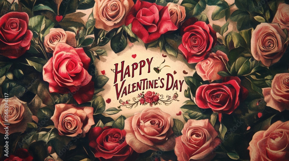 Poster a colorful array of roses surrounds the words happy valentine's day, creating a festive atmosphere. 