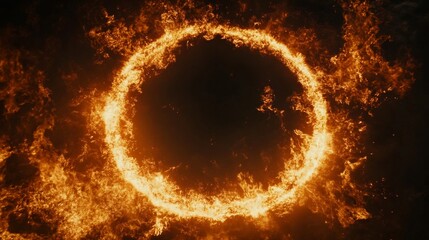 Fototapeta premium Encircled by an intense, glowing ring of flame, the central void exudes a sense of foreboding and power. Flickering embers and tongues of fire dance along the outer edge of the ring, creating an