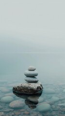 Relaxing stone stack in calm water surrounded by mist during early morning light