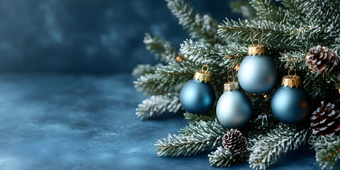 Winter Holiday: Blue Ornaments on Snowy Tree Branch