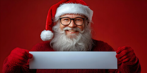 Naklejka premium Santa Claus Holds Blank Sign, Festive Cheer, Holiday Wishes, Winter Wonderland, Christmas Spirit, Red Background, Season's Greetings, Merry Christmas, Happy Holidays, Holiday Celebration