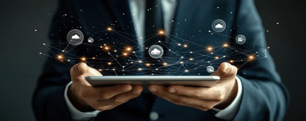 Businessman holding tablet with digital network connections and icons overlay