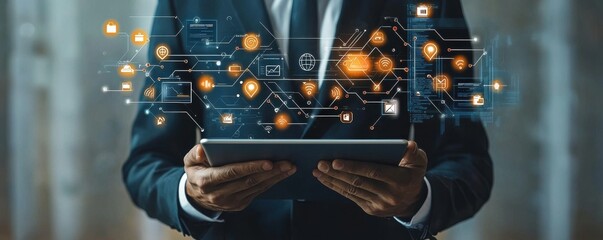 Businessman holding tablet with futuristic digital data network overlay
