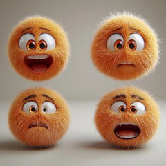 Four expressive furry orange characters displaying different emotions.