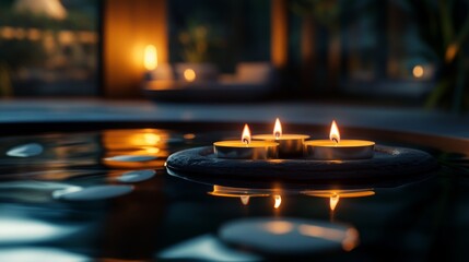 An intimate, inviting scene featuring a cluster of burning candles, their gentle flames reflected in the dark, polished surface, creating a contemplative, spa-like atmosphere evoking themes of