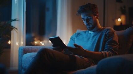 A Young Man Relaxing on a Couch at Night, Using a Tablet