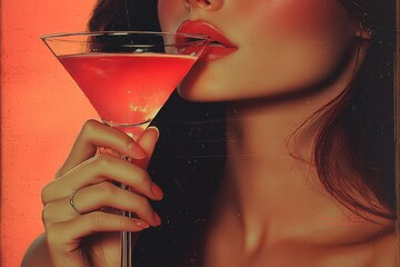 Close-up of a person enjoying a pink cocktail against a warm background