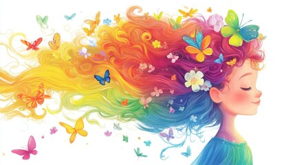 Whimsical Cartoon Girl with Vibrant Colorful Hair and Fantasy Elements – Children’s Illustration
