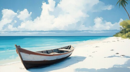 Obraz premium Beach and boat with blue sky and clouds