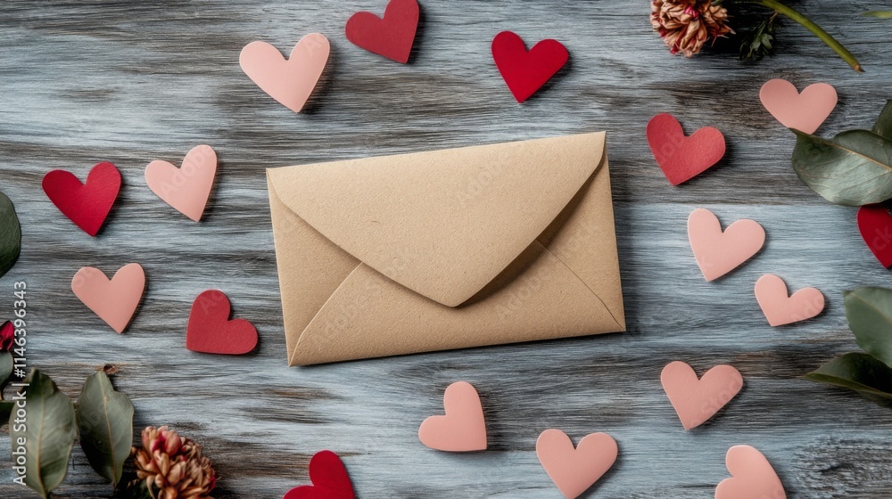 Aufkleber a decorative envelope rests on a wooden surface, surrounded by an array of pink and red paper hearts