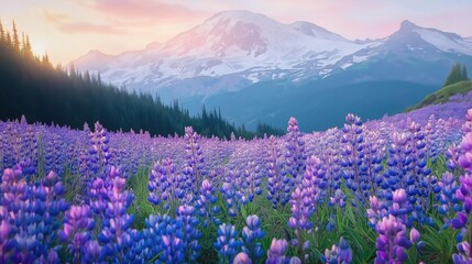 Naklejka premium Lavender field with green trees and mountains in the morning