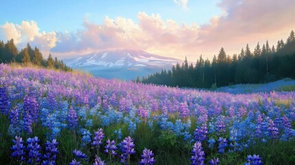 Fototapeta premium Lavender field with green trees and mountains in the morning