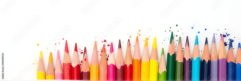 Poster colorful pencils arranged abstractly on a plain white background create a visually striking artwork 