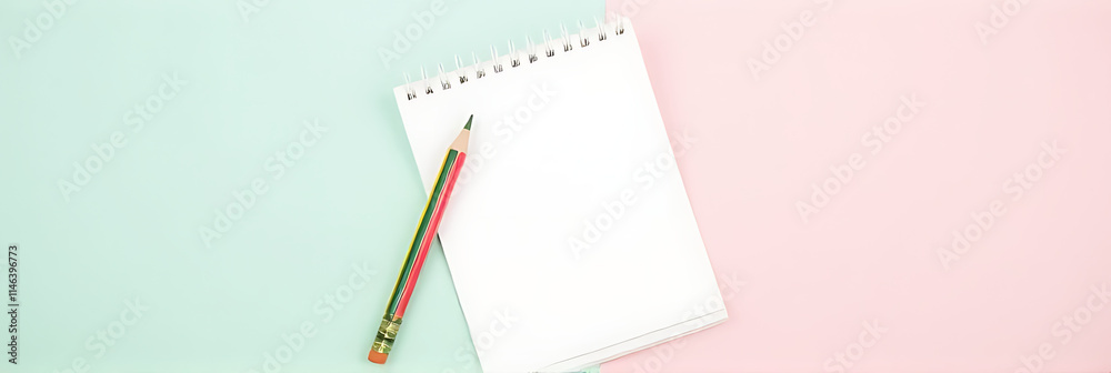Poster colorful pencil sits on white notepaper against a soft pastel background in this graphic design for 