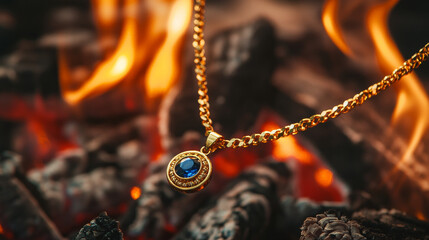 Fototapeta premium “Campfire Elegance: Sapphire Pendant’s Glow”