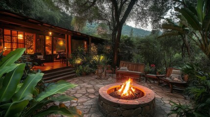 Picturesque outdoor retreat at a mountain cabin, with a roaring fire pit casting a warm glow across the patio, surrounded by wooden furniture and lush, verdant foliage, creating a cozy, inviting