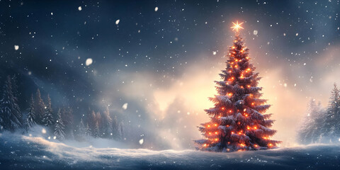 Fototapeta premium Winter Wonderland: Illuminated Christmas Tree in Snowy Forest