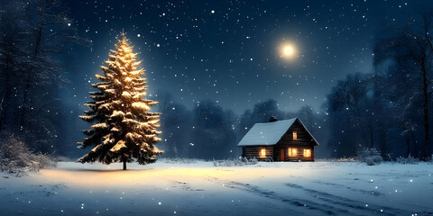 Winter Wonderland: Cabin, Tree, Snow, Night