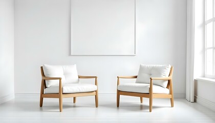 Two wooden armchairs with white cushions in a minimalist room with white walls and empty picture frames