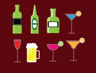 Bar Drinks Set Flat Style. Alcohol drink or beverage concept vector art