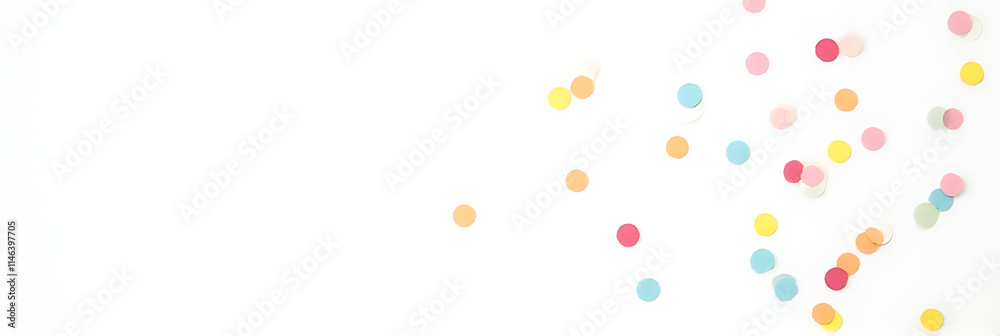 Poster colorful confetti is scattered across a plain white surface, adding festive flair to a simple flat l