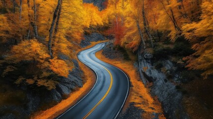 Naklejka premium Autumn forest with tress having colorful leaves and a wide path to travel