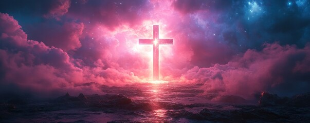 Fototapeta premium Glowing cross over celestial landscape.