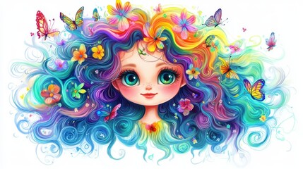 Whimsical Cartoon Girl with Vibrant Colorful Hair and Fantasy Elements – Children’s Illustration