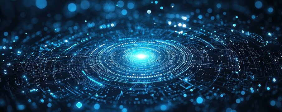 Abstract representation of digital technology with glowing circuits and data visualization