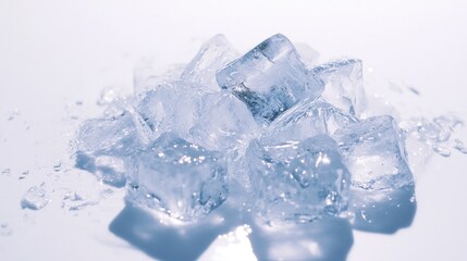 Pile of melting ice cubes on white background.