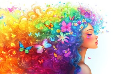 Whimsical Cartoon Girl with Vibrant Colorful Hair and Fantasy Elements &ndash; Children&rsquo;s Illustration