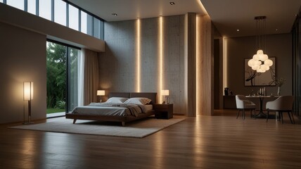 Fototapeta premium Modern bedroom suite with large windows, concrete wall, and dining area.