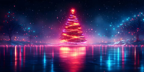Neon Lights Reflect on Frozen Lake, Festive Christmas Tree Glows Brightly