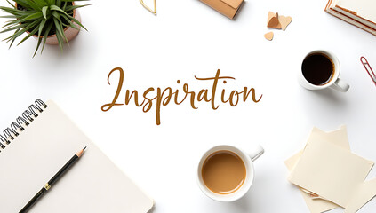 Coffee and writing tools are arranged on a white surface in an artistic composition involving various elements of inspiration._00003_