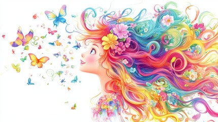 Whimsical Cartoon Girl with Vibrant Colorful Hair and Fantasy Elements – Children’s Illustration