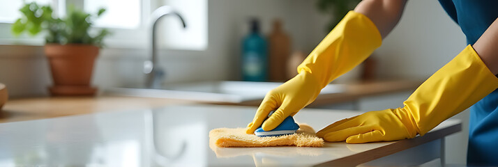 Cleaning furniture with alcohol in a kitchen is an example of preventive body health care against the coronavirus outbreak._00001_