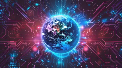 Obraz premium Glowing Earth encircled by circuit board, representing global digital network.