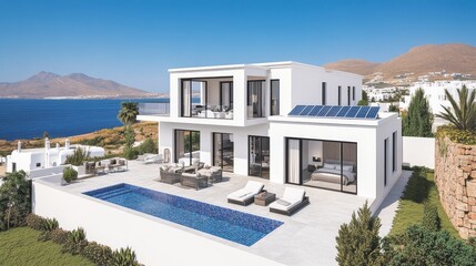 Fototapeta premium Modern Luxurious House with Solar Panels, Swimming Pool, and Scenic View of Mykonos Island, Sustainable Luxury Living, Eco-Friendly Architecture, Sunny Day with Blue Sky