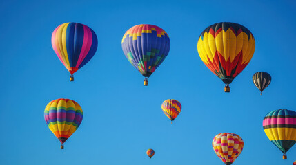 Obraz premium Vibrant Hot Air Balloons Soaring in a Clear Blue Sky A Spectacular Aerial View