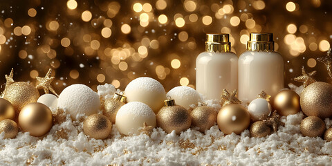 Fototapeta premium Winter Festive Decor: Gold & White Ornaments, Sparkling Lights
