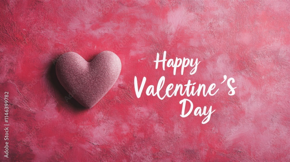 Poster a soft pink heart rests on a textured pink surface, accompanied by the phrase happy valentine's day 