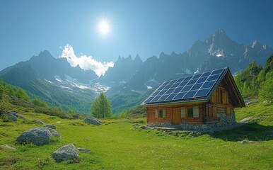 Obraz premium Solar panels on lush green grass in the Alps under clear blue sky