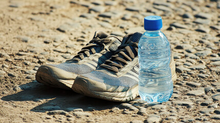 Dirty running shoes and a water bottle resting on a dusty road