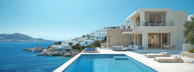 Fototapeta premium Modern Luxurious House with Solar Panels, Swimming Pool, and Scenic View of Mykonos Island, Sustainable Luxury Living, Eco-Friendly Architecture, Sunny Day with Blue Sky