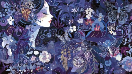 Enchanting floral fantasy woman surrounded by vivid blooms and butterflies digital art