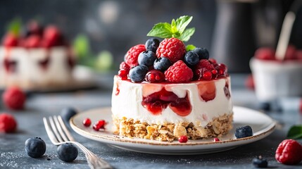 Mini cheesecake with fresh berries and berry sauce topping