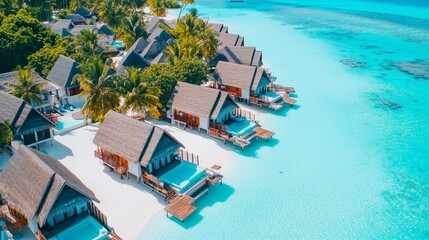 From above, a tropical island showcases overwater bungalows, dense foliage, and sparkling turquoise waters - the ultimate retreat.