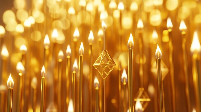 A visually striking capture of the Hanukkah ritual, with the golden candles arranged in an evocative, geometric pattern, their flickering lights evoking a powerful, timeless symbol of hope and