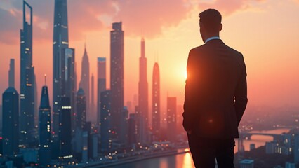 Silhouette of a business team standing in front of a futuristic city skyline at sunset