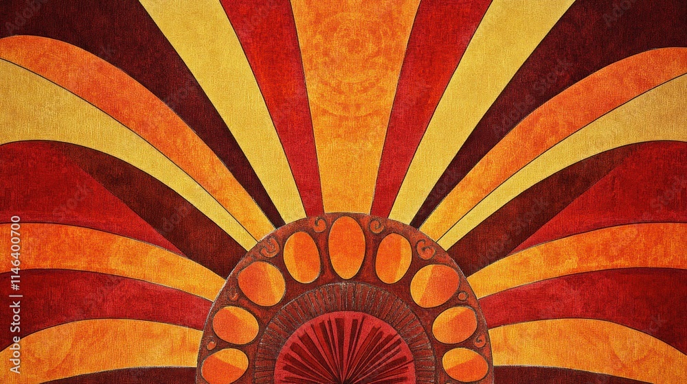 Aufkleber a vibrant abstract design featuring rays of orange, yellow, and red emanating from a central circle.
